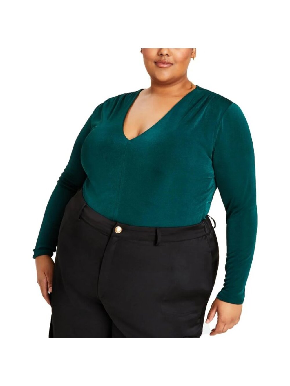 Nina Parker Blouse 4X Plus Emerald Green V Neck Long Sleeve Stretch Workwear